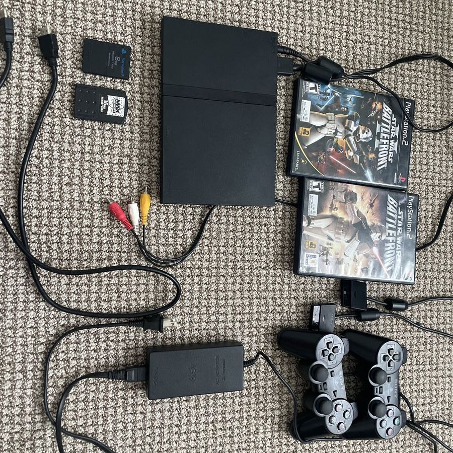 Sony PlayStation 2 Slim Console Bundle - 2 Controllers, 2 Star Wars Battlefront Games, Memory Cards