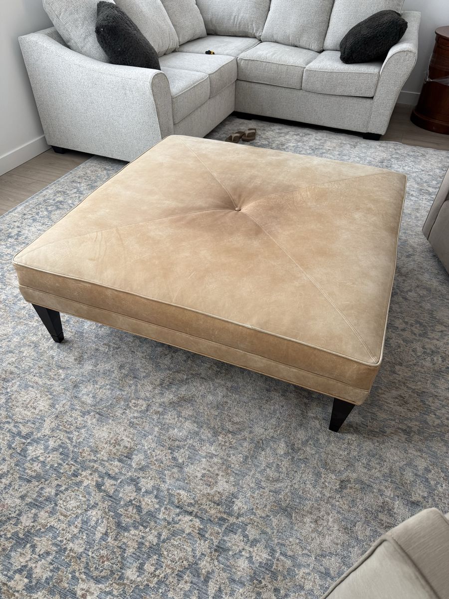 Large Square Carmel Leather Ottoman - Button Tufted Footrest/Coffee Table