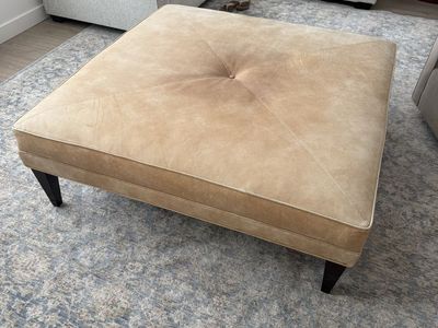 Large Square Carmel Leather Ottoman - Button Tufted Footrest/Coffee Table