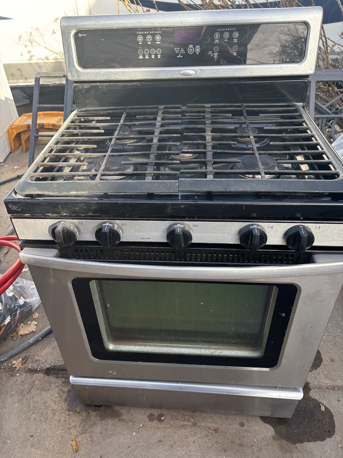 @+ Stove Whirlpool Gas Stainless 5 Burners Stove, Range, Self Ceaning Oven in good working condition