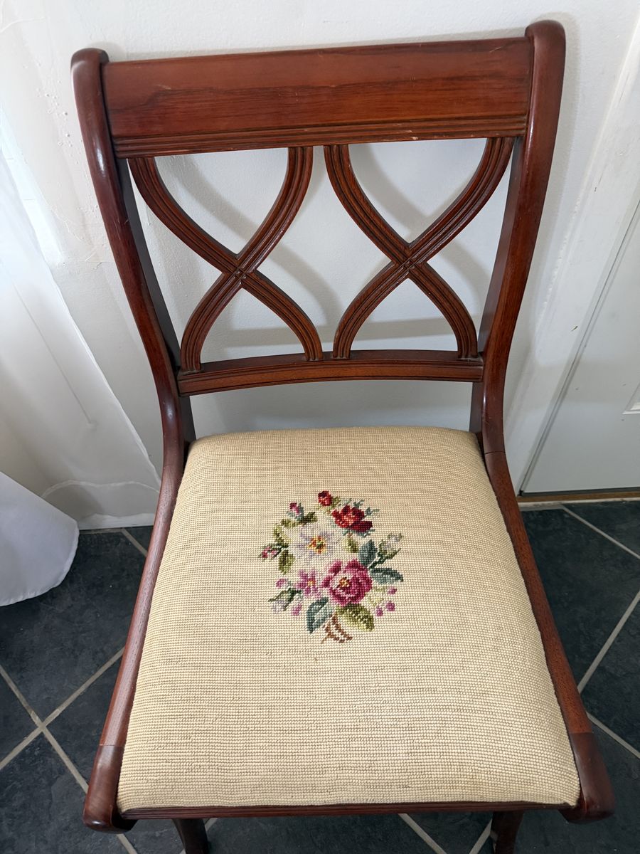 Vintage Solid Wood Side Chair with Needlepoint Floral Upholstery - Classic Dining/Accent Chair