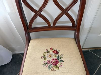 Vintage Solid Wood Side Chair with Needlepoint Floral Upholstery - Classic Dining/Accent Chair