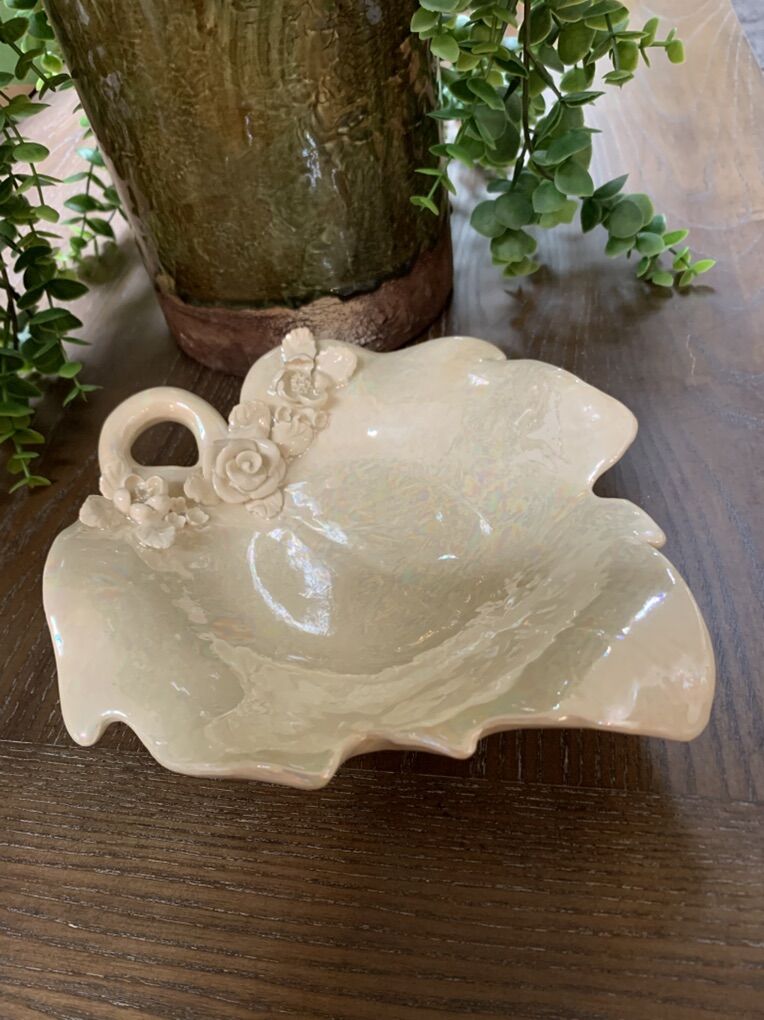 Leaf Shaped Ceramic Trinket Dish With Roses
