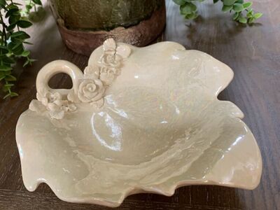 Leaf Shaped Ceramic Trinket Dish With Roses