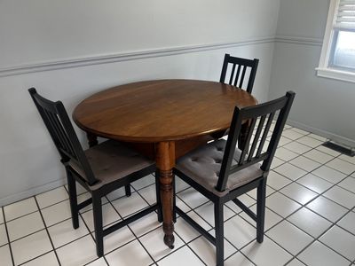 Antique Round Wood Pedestal Table with Casters + 3 IKEA Chairs