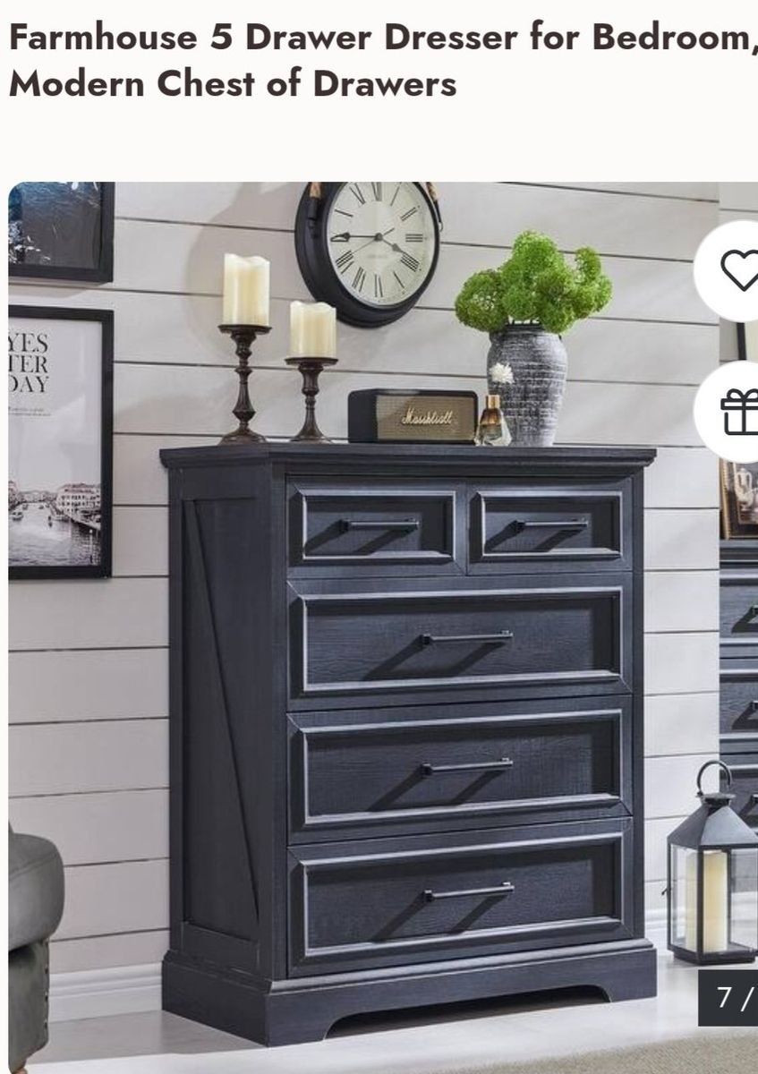 Farmhouse 5-Drawer Dresser Chest of Drawers for Bedroom, 32"W x 36"H, Modern Style