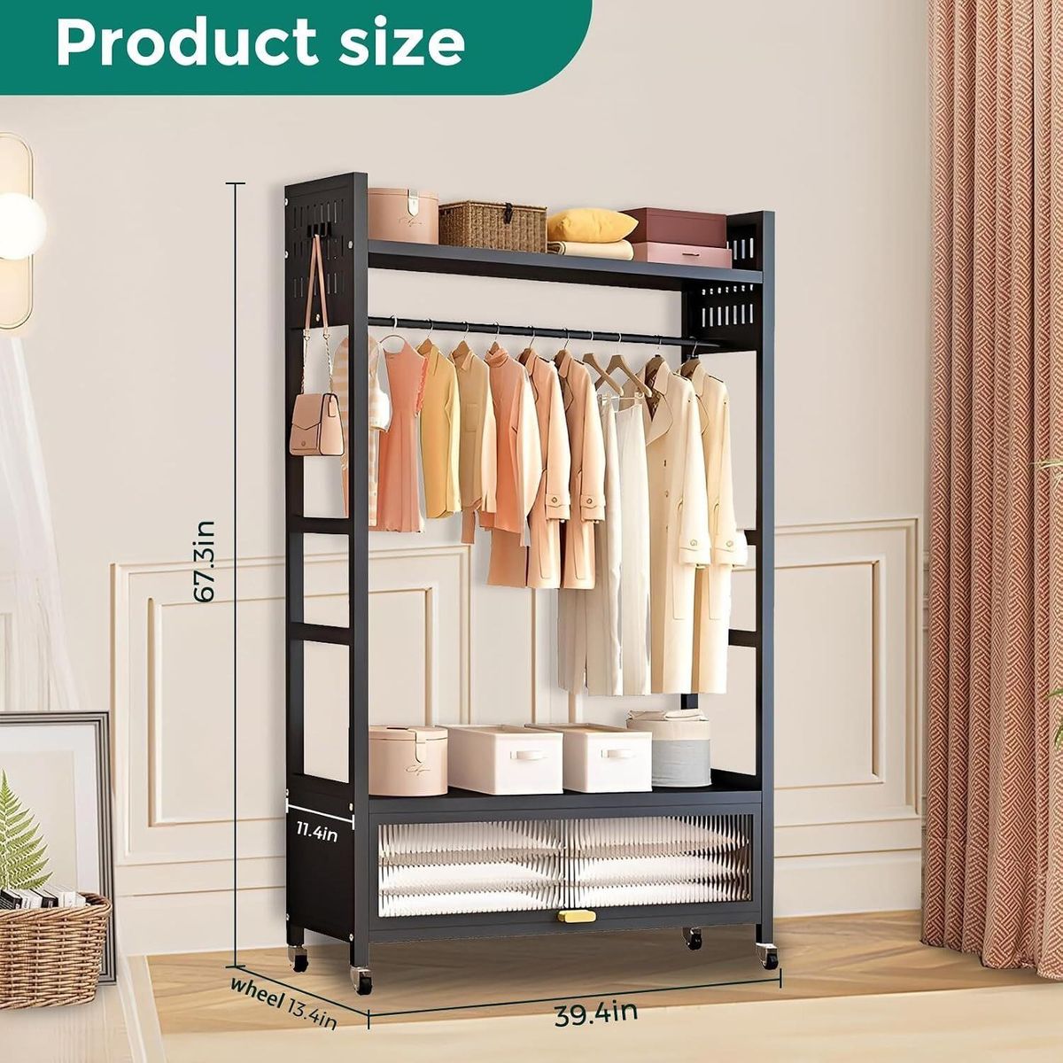 Clothes Rack with Storage Cabinet Sturdy Metal Garment Rack with Lockable Wheels 4 Hooks & Shelves Portable Closet Organizer