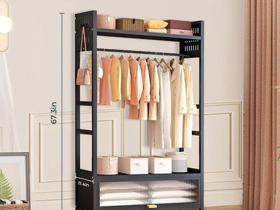 Clothes Rack with Storage Cabinet Sturdy Metal Garment Rack with Lockable Wheels 4 Hooks & Shelves Portable Closet Organizer
