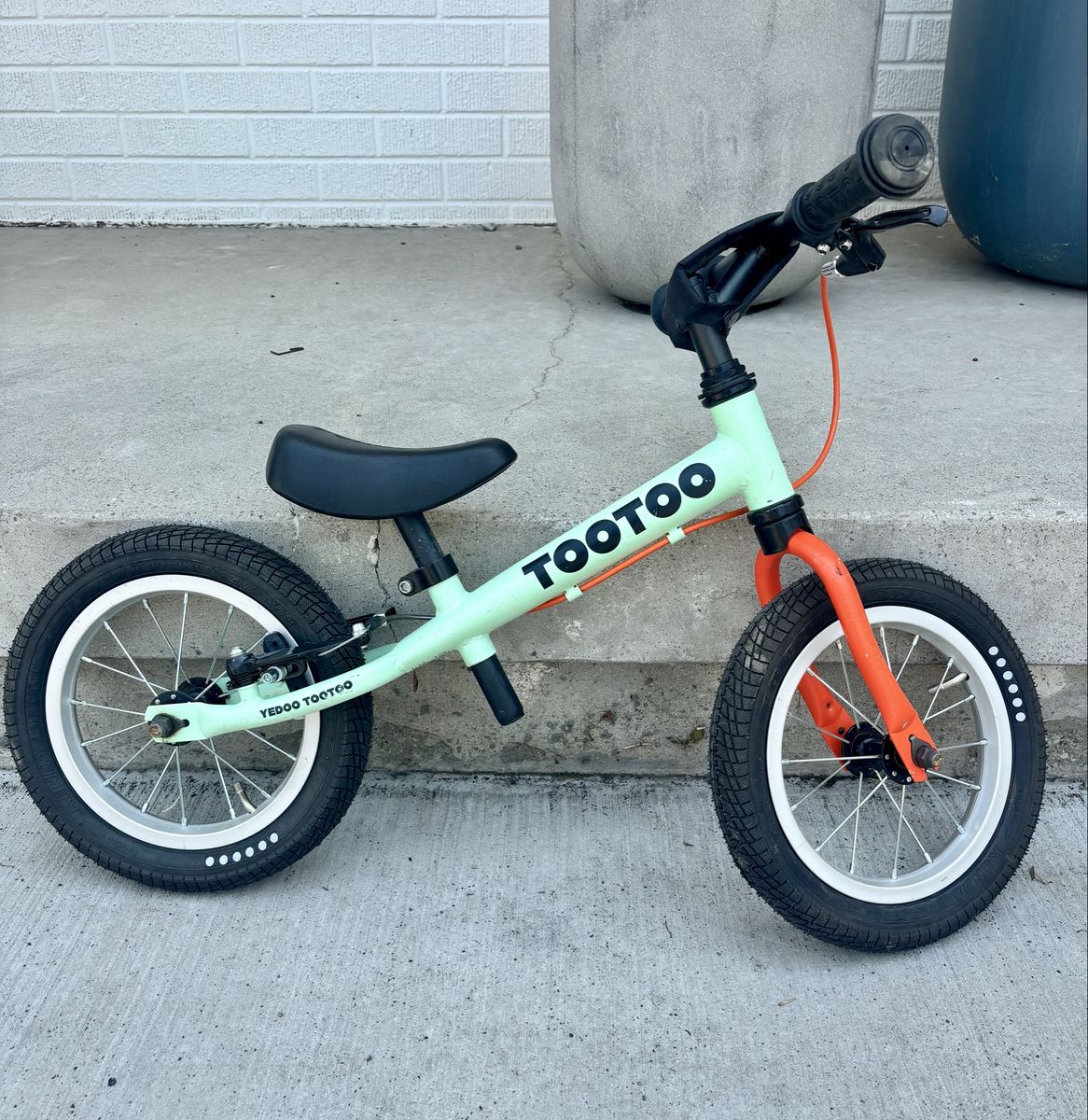 Yedoo TooToo 12" Kids Balance Bike - Mint Green & Orange with Rear Hand Brake