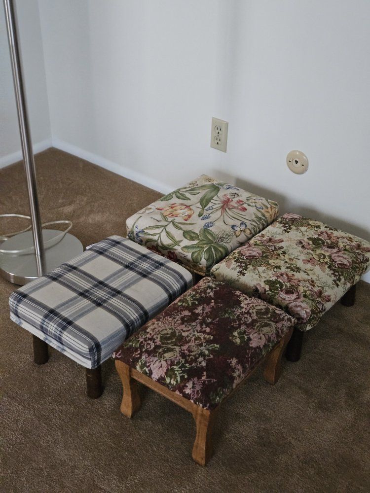 Assorted Small Footstools - Set of 4 Upholstered Wooden Ottomans