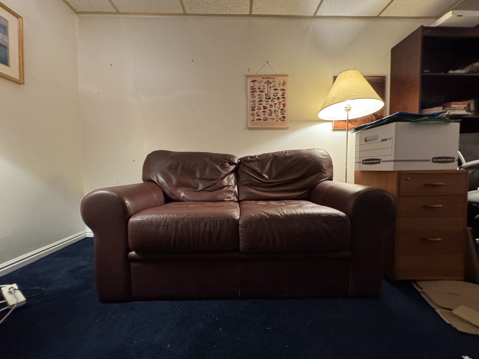 Brown leather loveseat