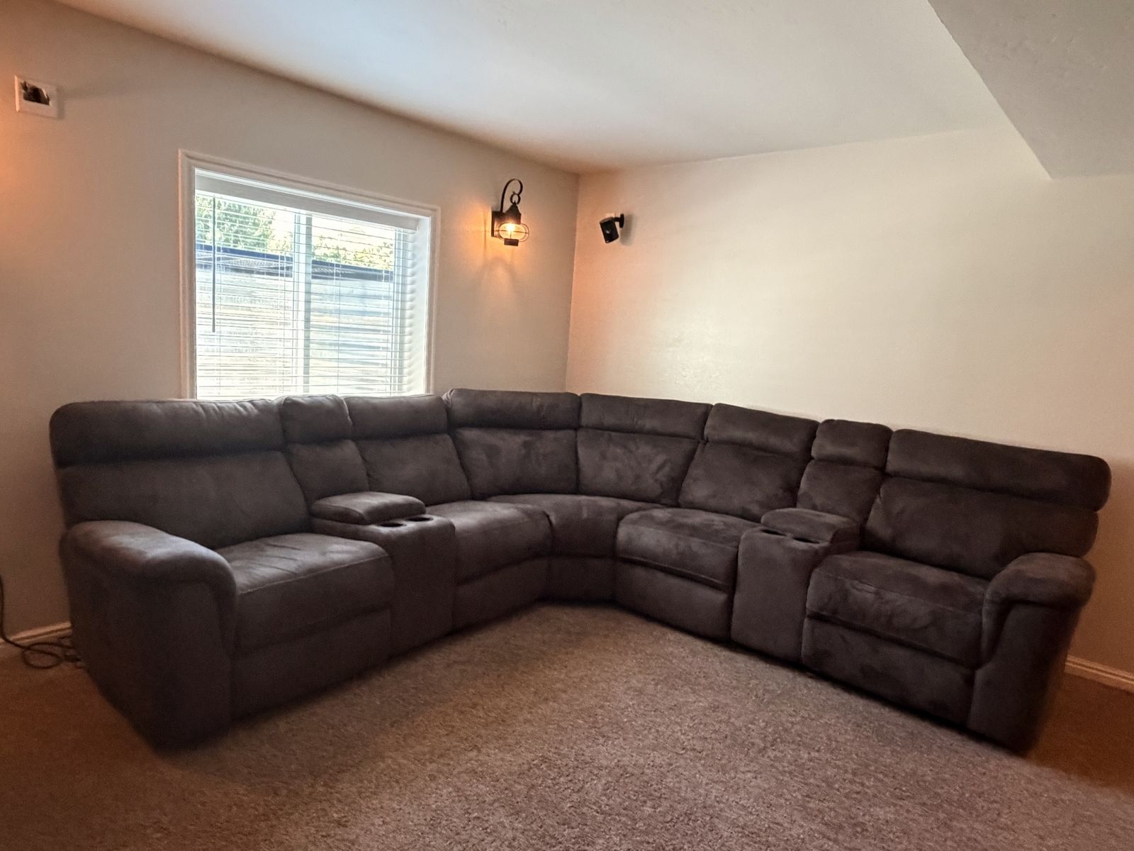 Pewter Reclining Sectional w/ USB Charging, Storage & Cup Holders – Excellent Condition