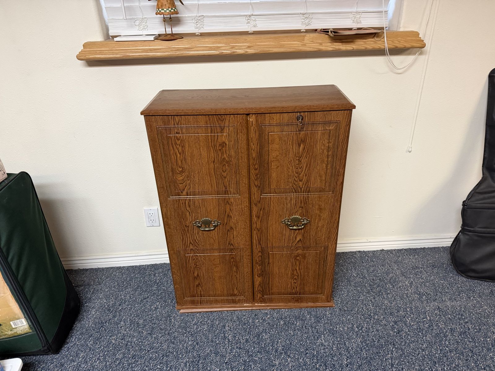 Vintage Wooden Media Storage Cabinet with Locking Doors and Shelves