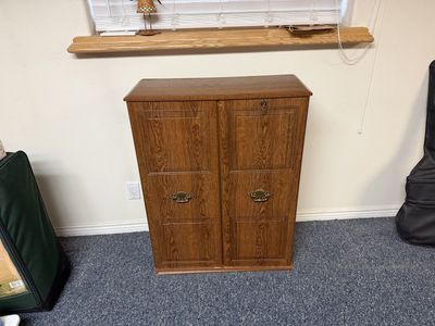 Vintage Wooden Media Storage Cabinet with Locking Doors and Shelves