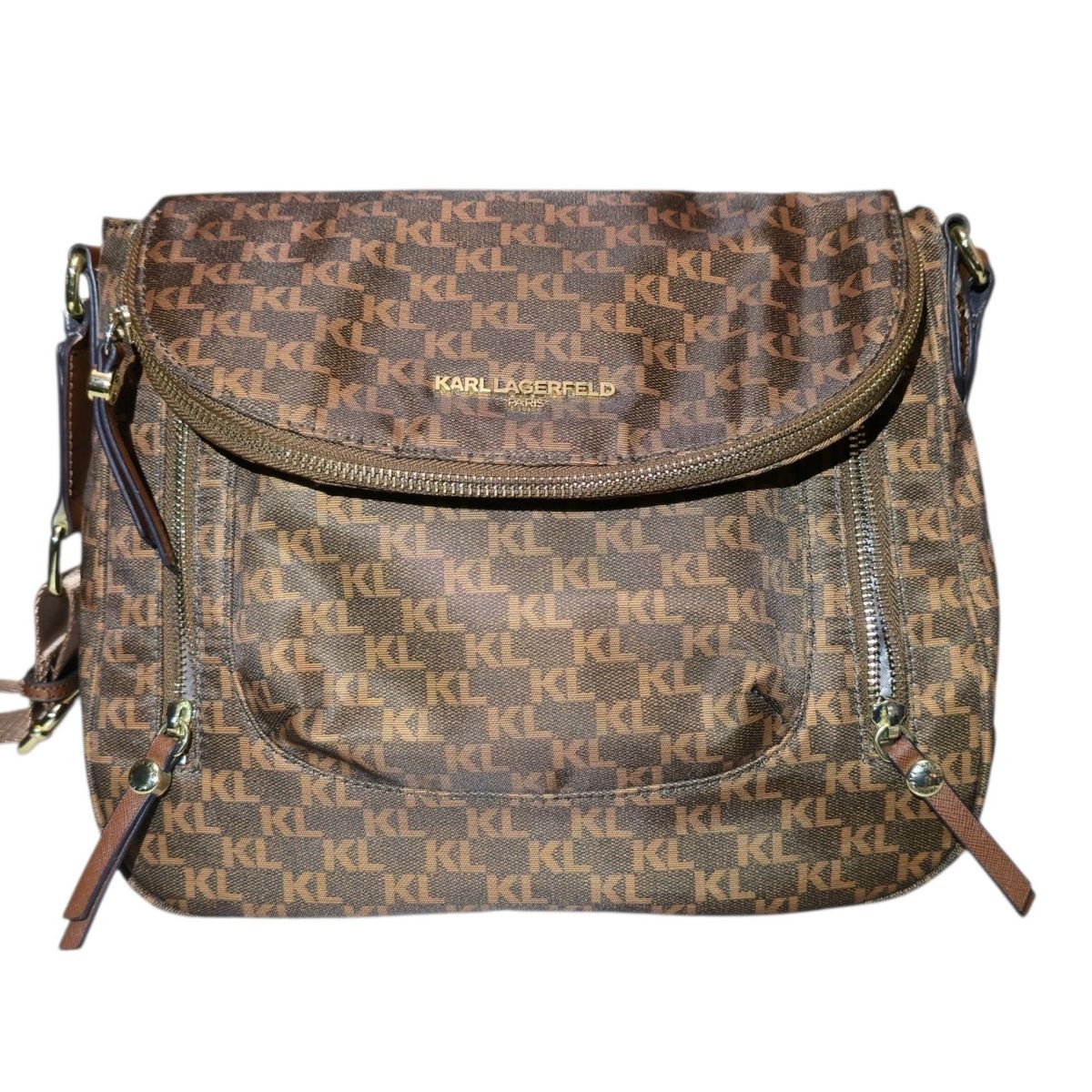 Karl Lagerfeld Paris Cara Messenger Bag Brown Monogram Nylon NWOT Crossbody