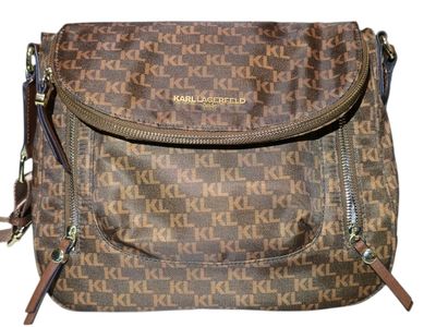 Karl Lagerfeld Paris Cara Messenger Bag Brown Monogram Nylon NWOT Crossbody
