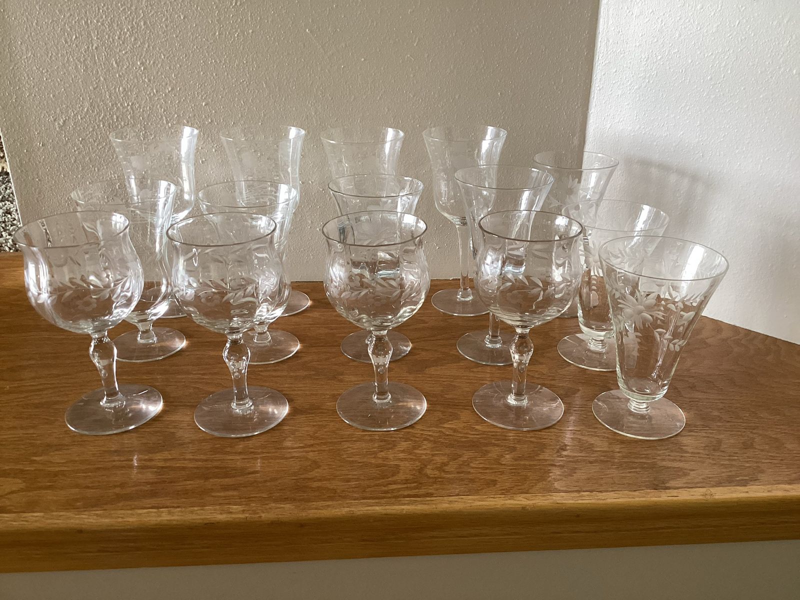 Vintage Etched Crystal Stemware Glassware Set - 13 Pieces