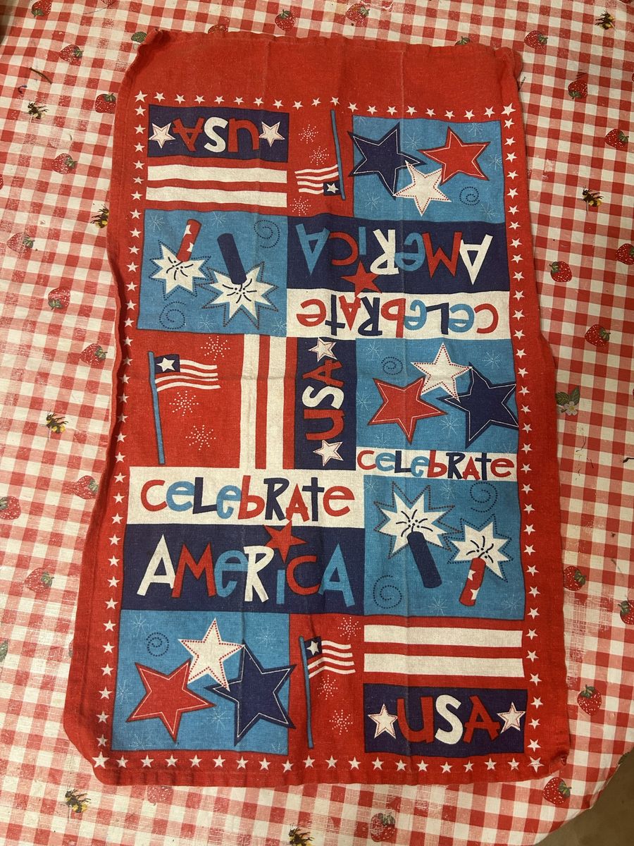 Set of Patriotic Americana "Celebrate America" Kitchen Hand Towel - (2) Red, White, & Blue, Fourth of July Decor