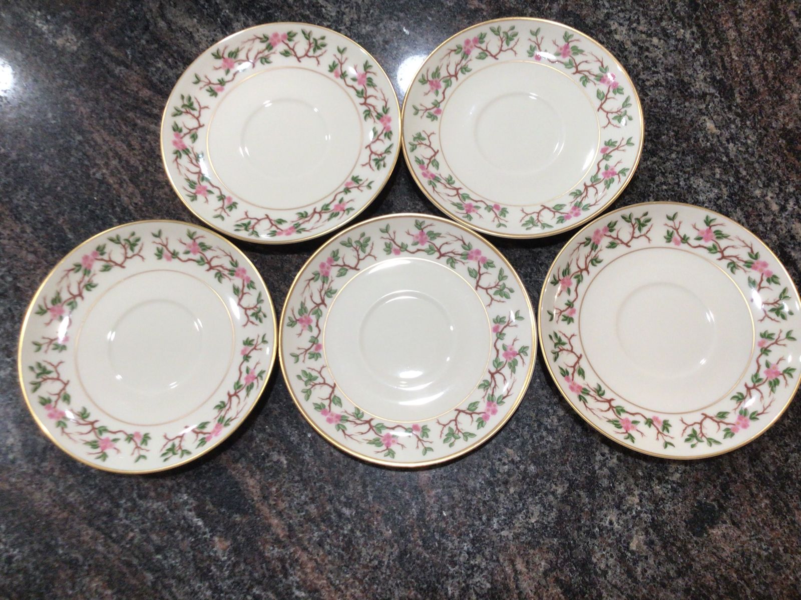 FRANCISCAN Woodside saucers 5 retro vintage  pink flowers gold trim cottagecore