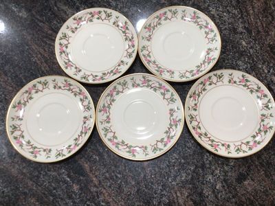 FRANCISCAN Woodside saucers 5 retro vintage pink flowers gold trim cottagecore