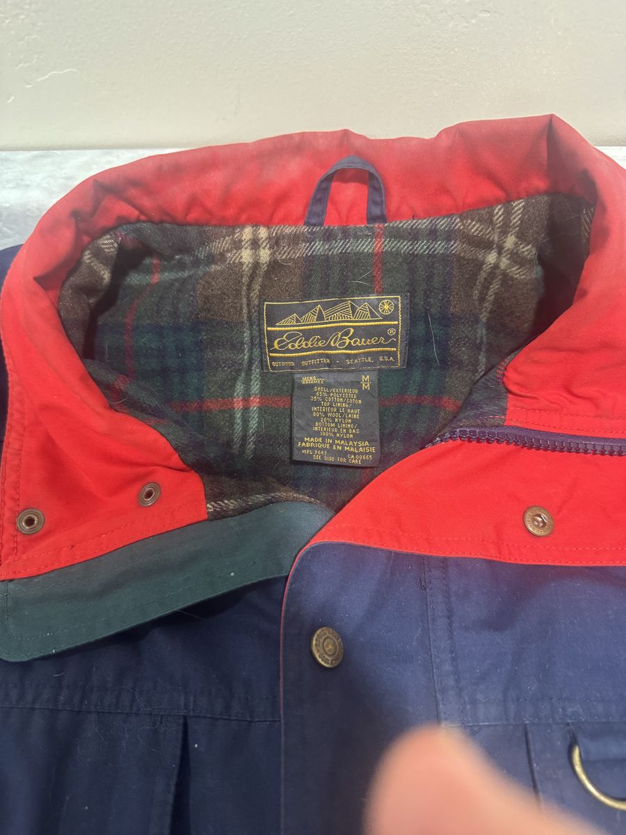 Eddie Bauer Blue Jacket with Red Collar and Plaid Lining - Men's Medium, 65% Polyester/35% Cotton