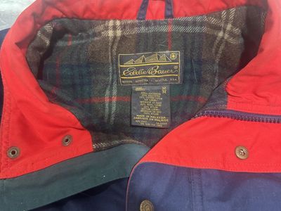 Eddie Bauer Blue Jacket with Red Collar and Plaid Lining - Men's Medium, 65% Polyester/35% Cotton