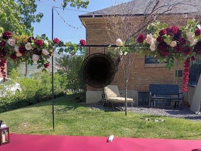 Decorated Adjustable Over The Table Rod Stand with clamps Adjustable Metal Table Arch Burgundy, ivory Wedding decor