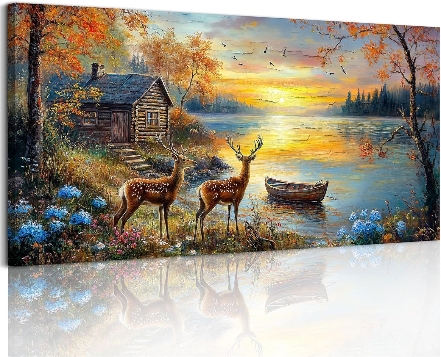 NEW 29x57 Autumn Landscape Wall Art, Elk Deer Animal Extra Large Canvas Painting, Lake Boat Sunset