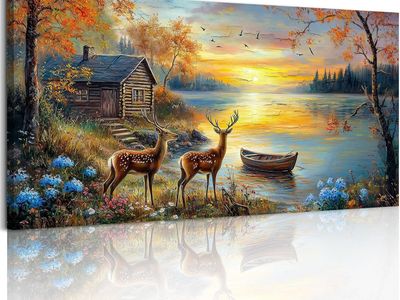 NEW 29x57 Autumn Landscape Wall Art, Elk Deer Animal Extra Large Canvas Painting, Lake Boat Sunset