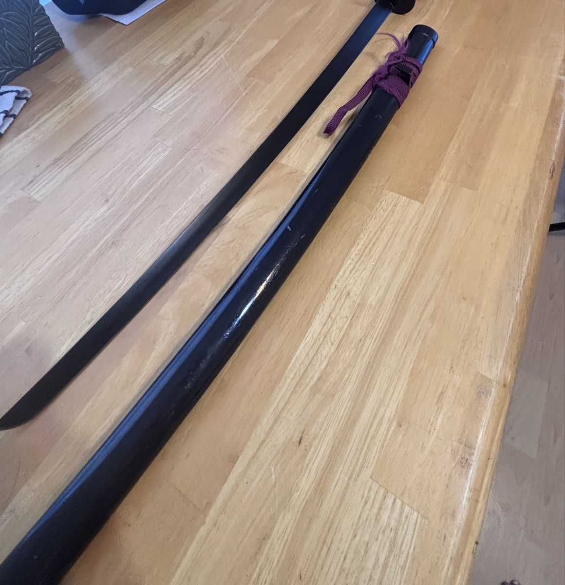Black Katana Sword with Purple Handle Wrap and Matching Scabbard