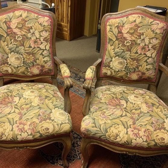 Braunschweig & Fils -Pair of Vintage French Provincial  Needlepoint Floral Armchairs, Ornate Wood Frame