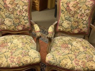 Braunschweig & Fils -Pair of Vintage French Provincial Needlepoint Floral Armchairs, Ornate Wood Frame
