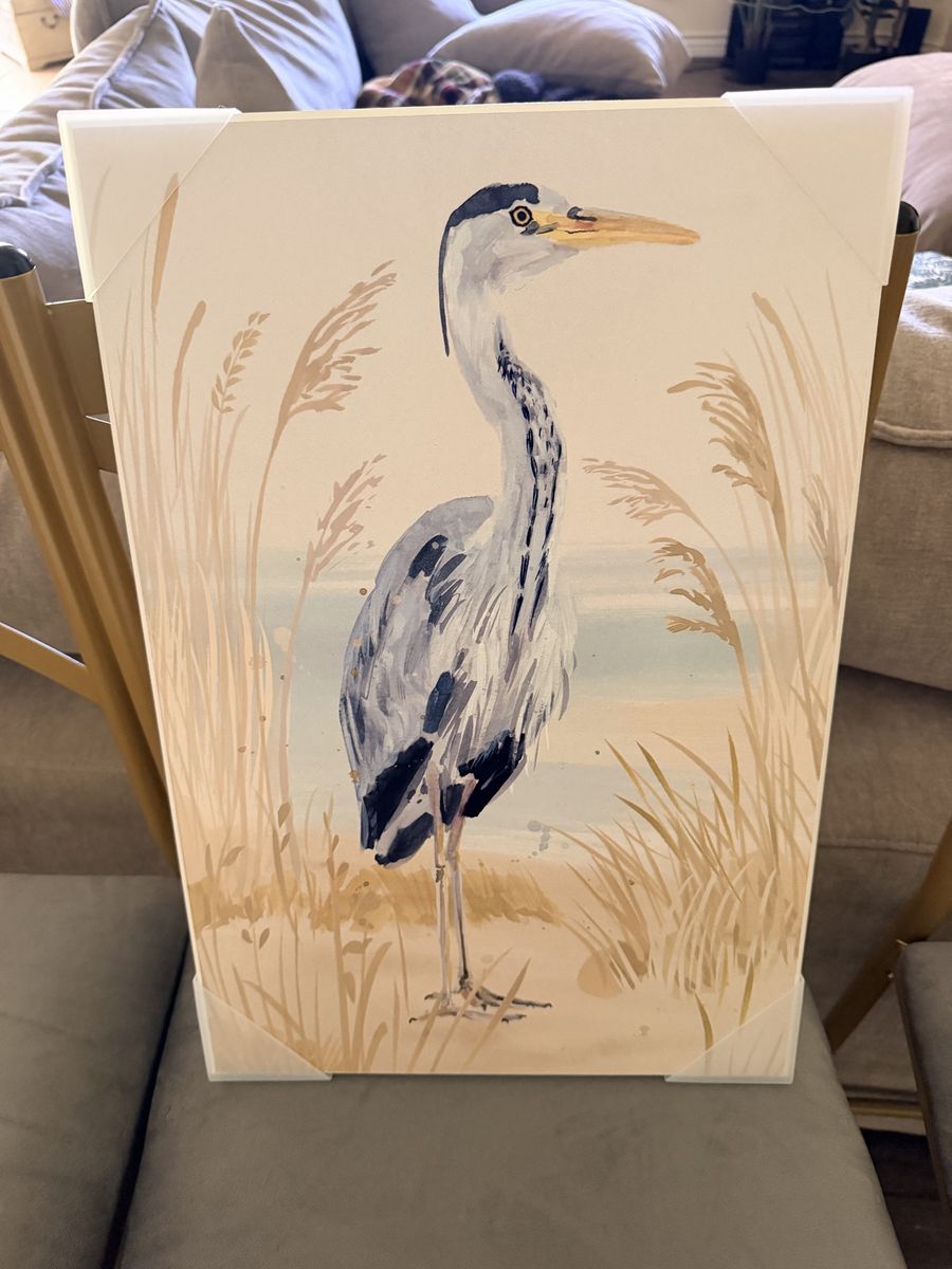 New. Coastal Heron Watercolor Canvas Wall Art - Beachy Bird Home Decor 16x20