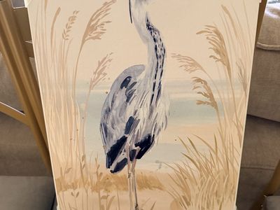 New. Coastal Heron Watercolor Canvas Wall Art - Beachy Bird Home Decor 16x20