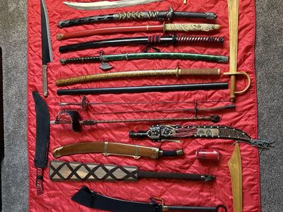 21 sword LOT: katanas, Arabian, medieval, machete, and a host of others.