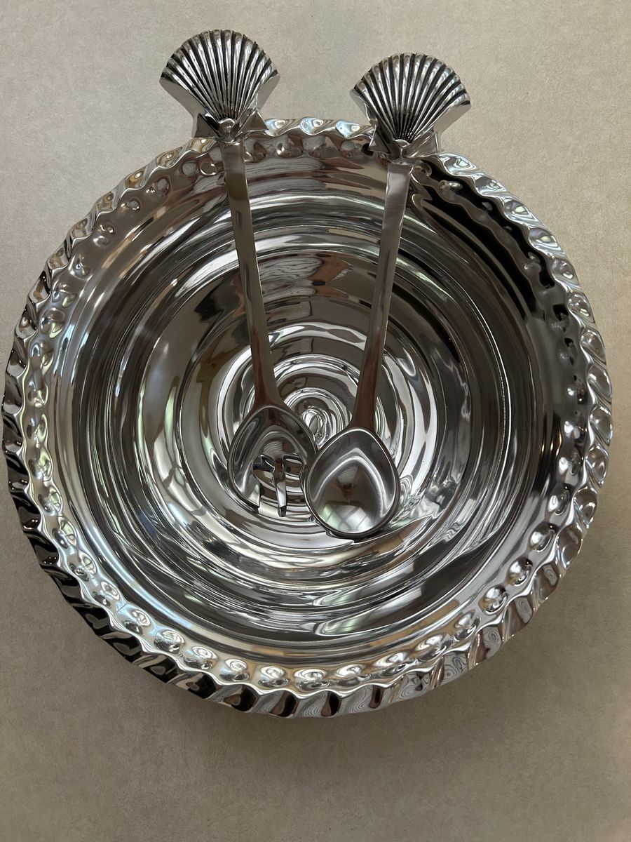 Pewter Salad Bowl with Serving Utensils 