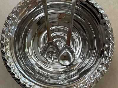 Pewter Salad Bowl with Serving Utensils