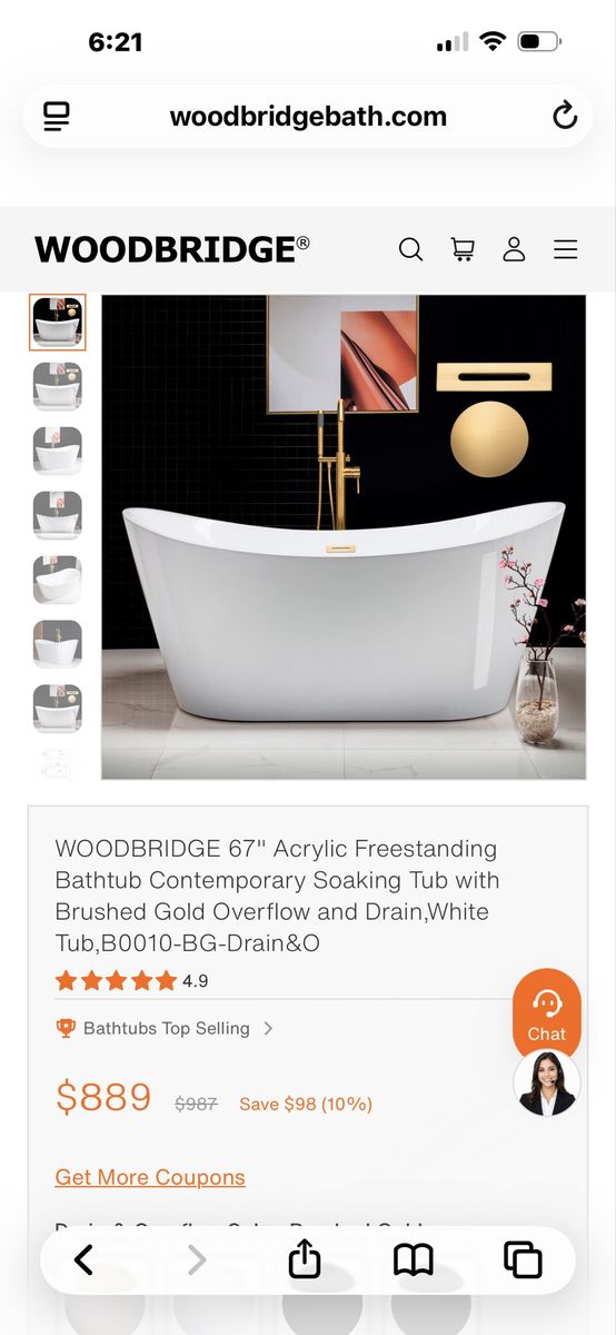 WOODBRIDGE 67" Acrylic Freestanding Bathtub, White with Brushed Gold Overflow & Drain