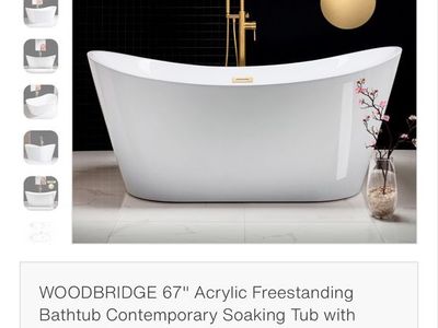 WOODBRIDGE 67" Acrylic Freestanding Bathtub, White with Brushed Gold Overflow & Drain