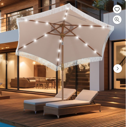 Autlaycil 7.5 ft Patio Umbrella with Tassel, 18 LED Lights Solar Umbrella with Umbrella Base, Khaki