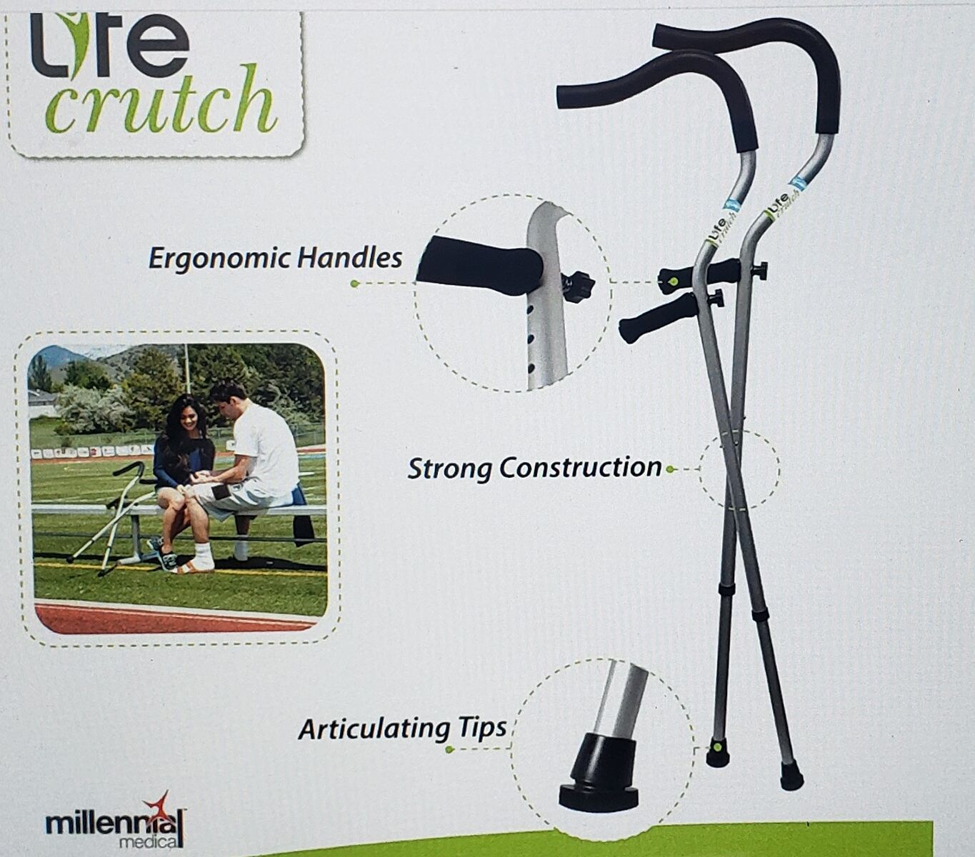 New Millennial in-Motion Underarm Crutches with Ergonomic Handles, Spring Assist Technology, Articulating Tips:  Medium-Tall