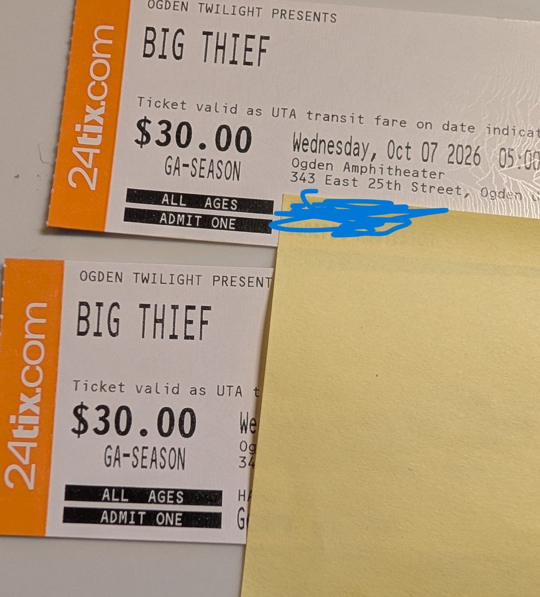 2, Big Theif Ogden Twilight Tickets $60 for both. October 7th