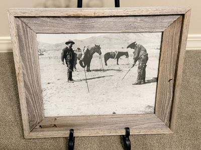 Vintage Humorous Cowboy Golf Framed Print with Rustic Weathered Wood Frame