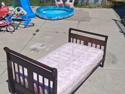 Toddler sleigh bed walnut wood with mattress