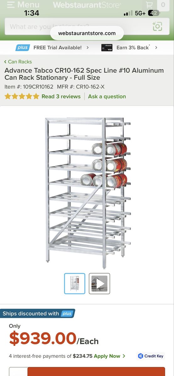 Advance Tabco CR10-162 Spec Line #10 Aluminum Can Rack Stationary - Full Size, Commercial Kitchen