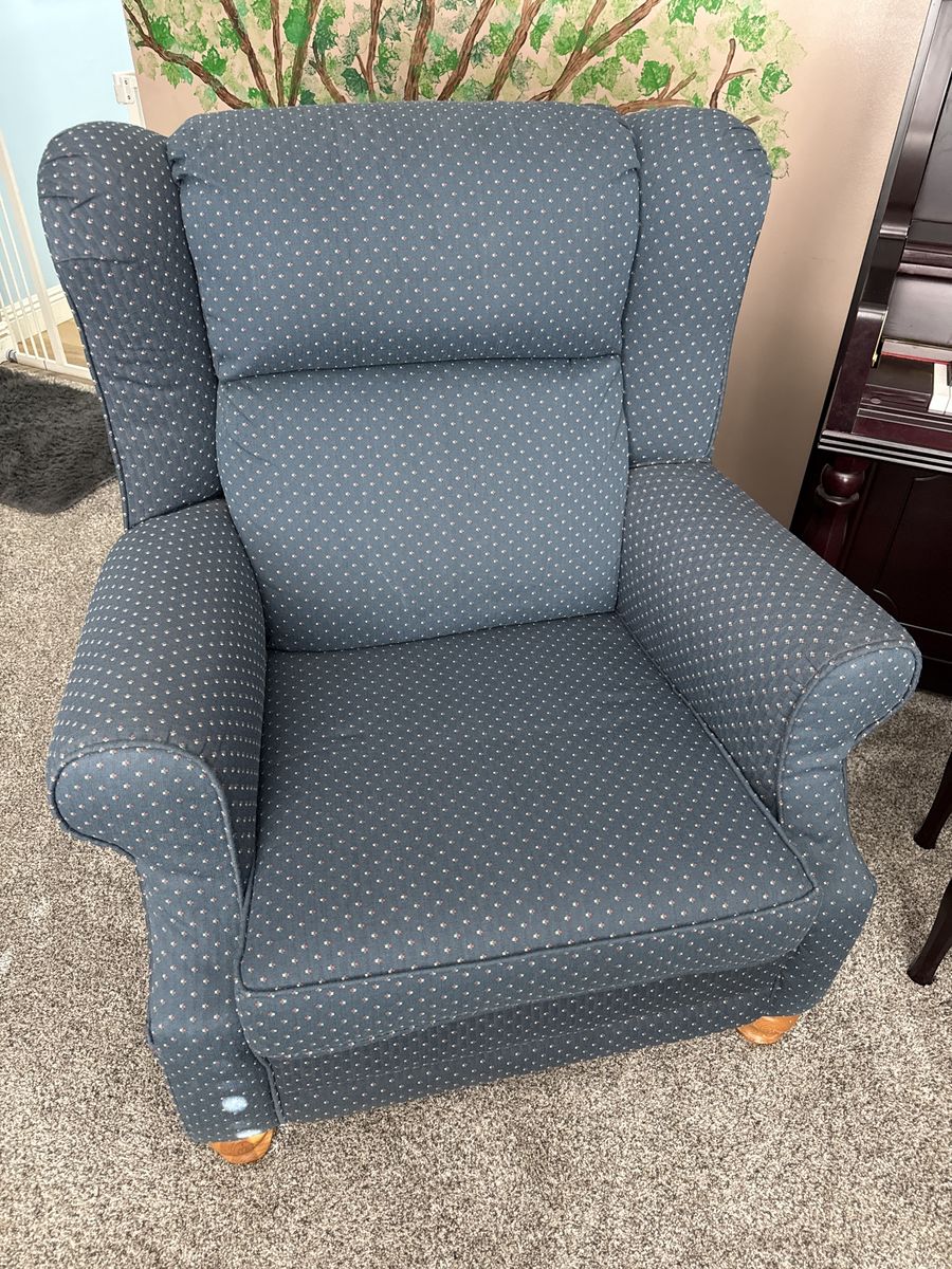 Wingback Armchair Blue Upholstered Fabric with Small Pattern, Comfortable Accent Chair