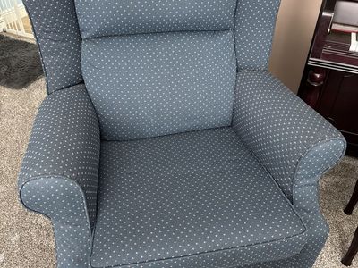 Wingback Armchair Blue Upholstered Fabric with Small Pattern, Comfortable Accent Chair