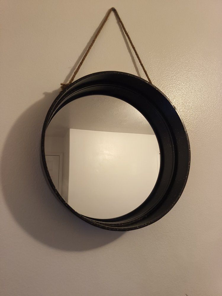 Round Black Metal Mirror with Rope Hanger - Wall Decor