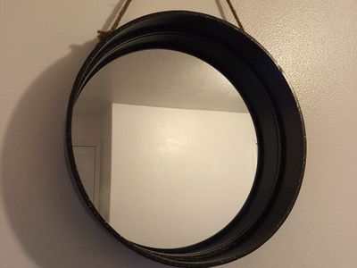 Round Black Metal Mirror with Rope Hanger - Wall Decor