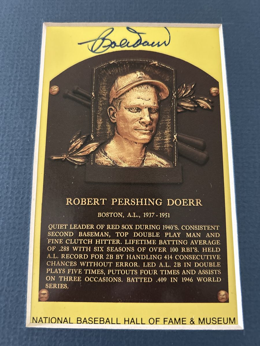 Hand Signed Bobby Doerr Autographed National Baseball Hall of Fame Yellow Plaque Card & 1900’s Black & White Baseball Card